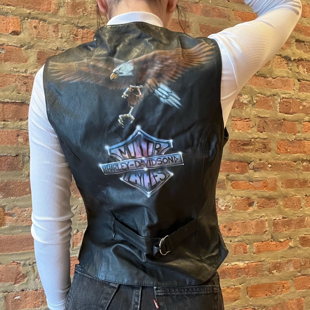 vintage leather vest with airbrushed harley davidson art